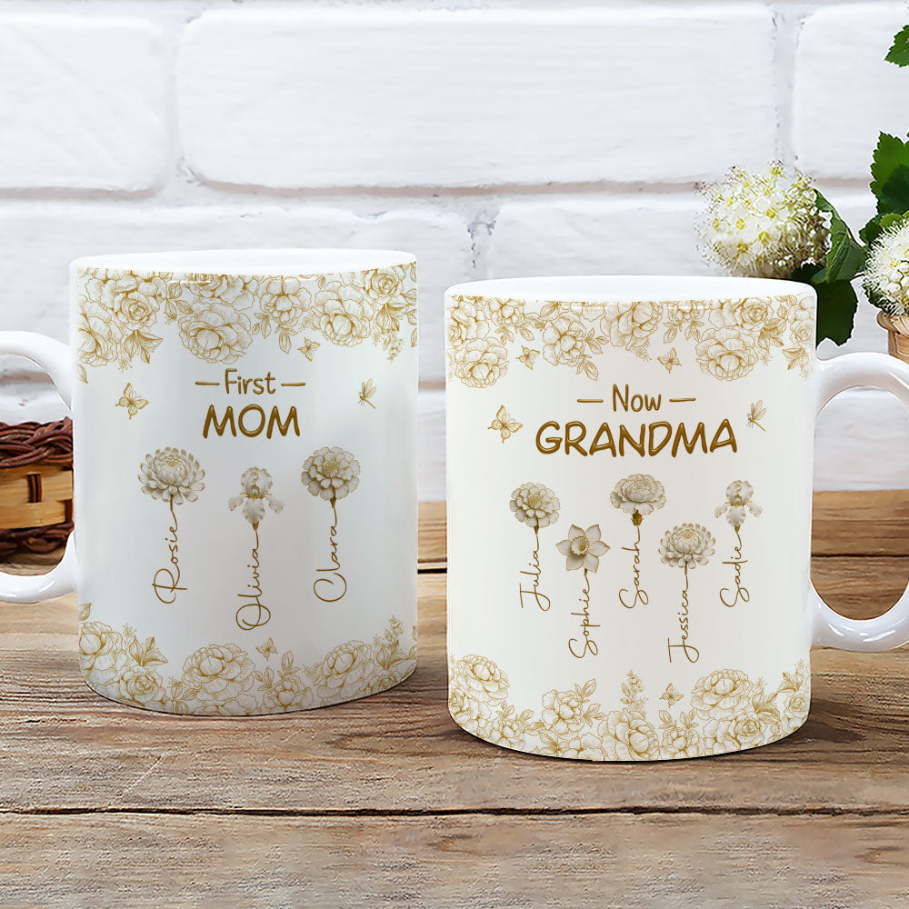 Custom Christmas & Birthday Gift For Grandma • First Mom Now Grandma Of Lovely Flowers - Personalized Coffee Mug
