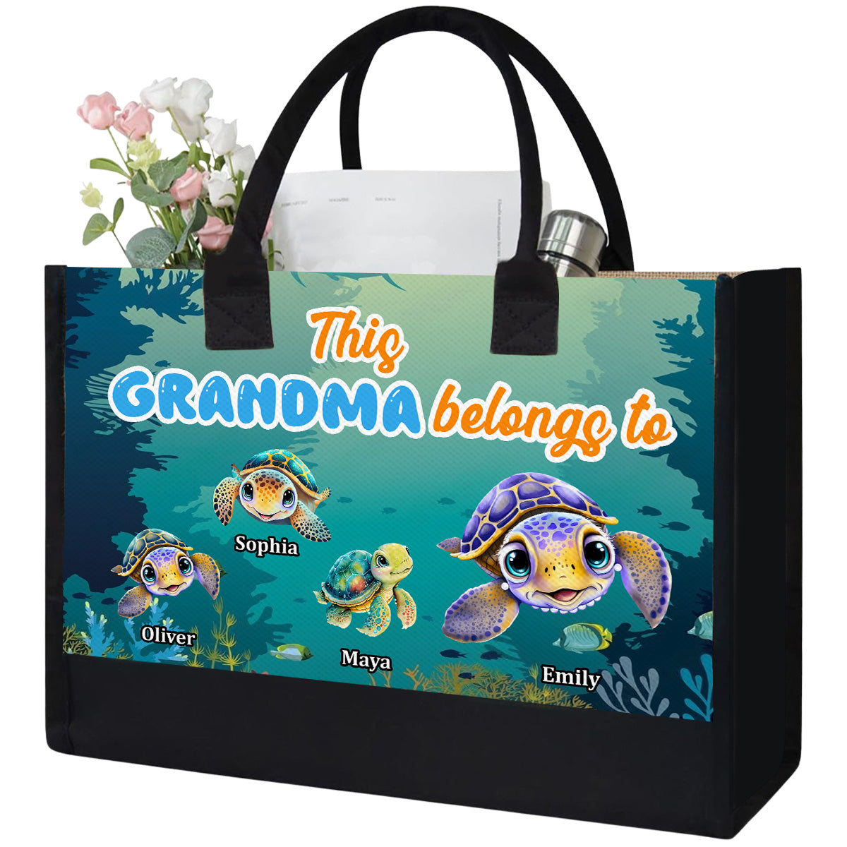 This Grandma Belongs To Turtle Summer - Personalized Canvas Tote Bag