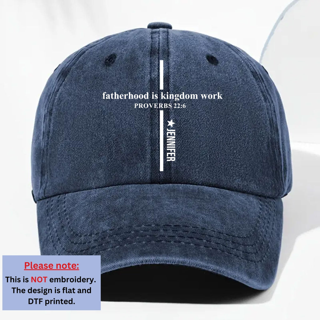 Custom Father's Day Christmas Birthday Gifts for Dad • Fatherhood Is Kingdom Work - Personalized Vintage Washed Denim Cap