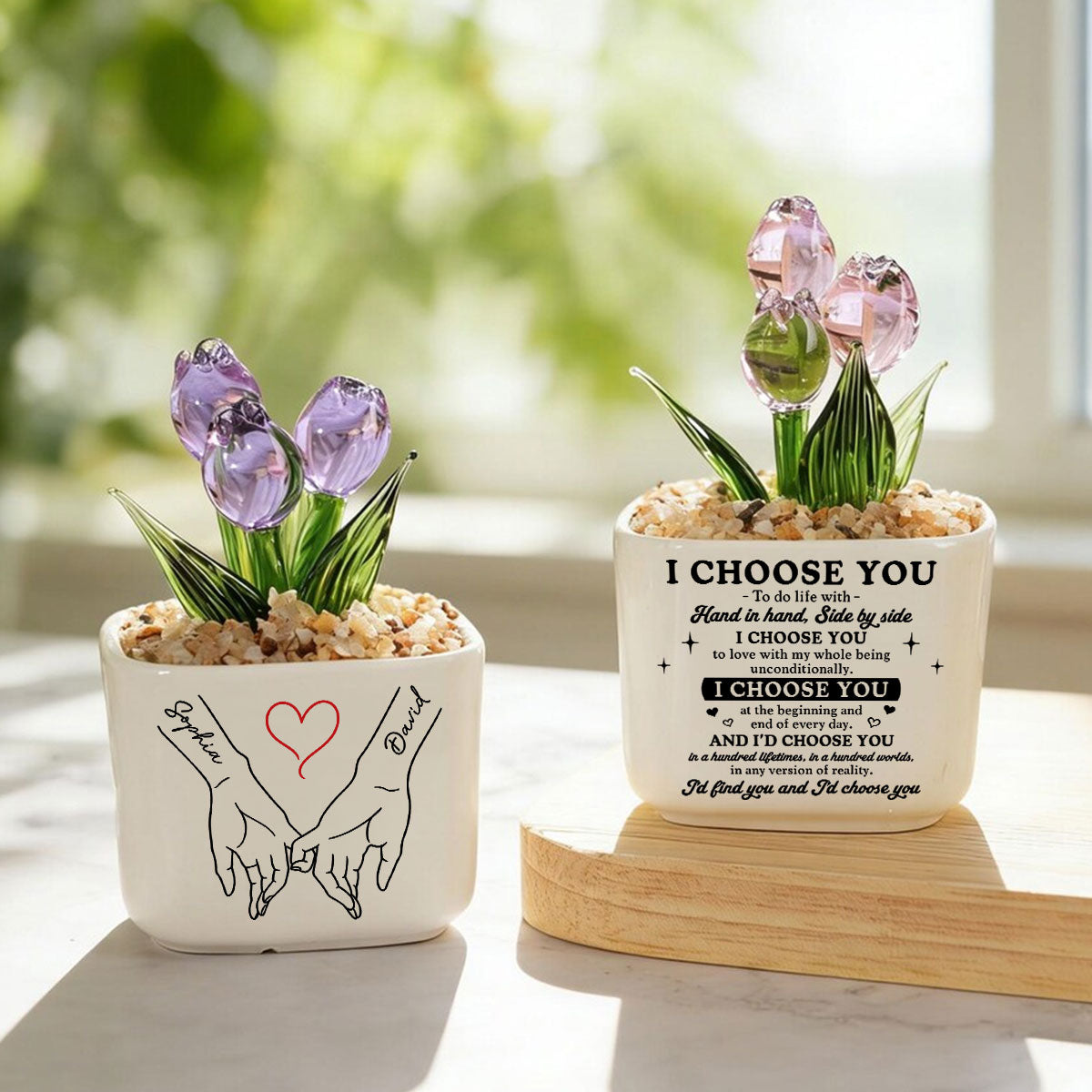 Custom Glass Flower Keepsake, Romantic Anniversary Gift for Wife • I Choose You - Personalized Glass Everlasting Tulips