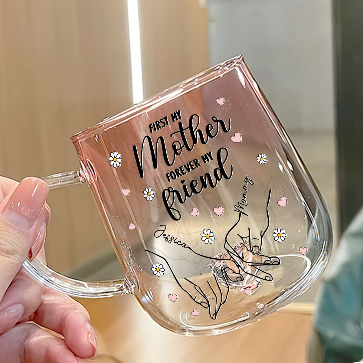 Custom Mother's Day Gift for Mom & Grandma • First My Daughter Forever My Friend - Personalized Pink Gradient Glass Mug