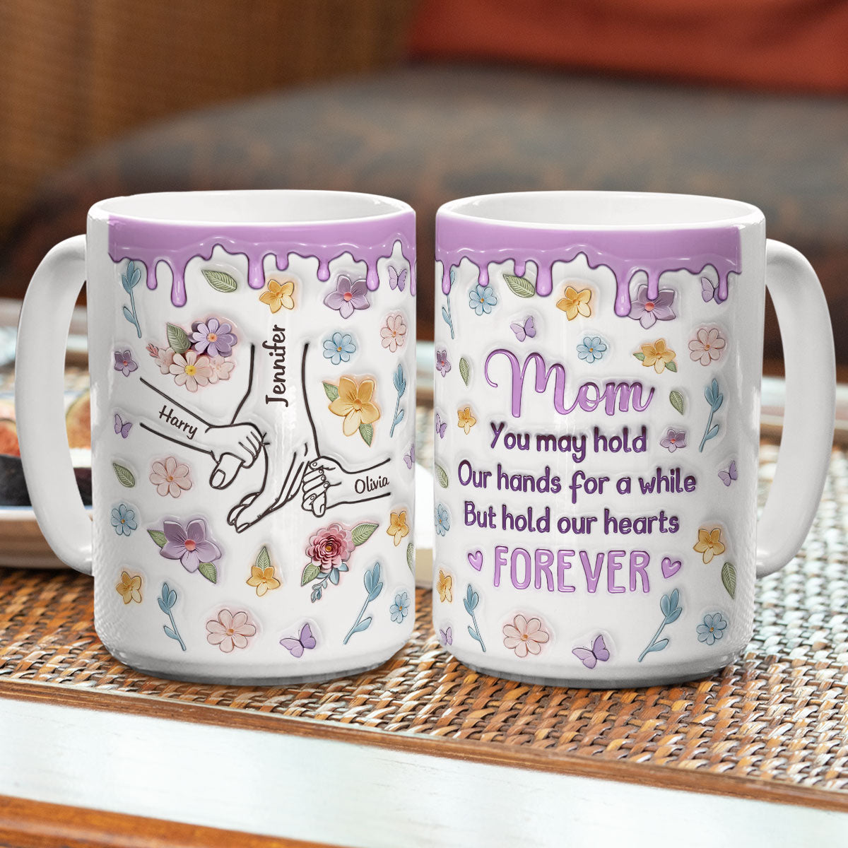 Custom Christmas & Birthday Gift for Mom • Mom, You Hold Our Hands And Our Hearts Forever - Personalized 3D Inflated Effect Mug