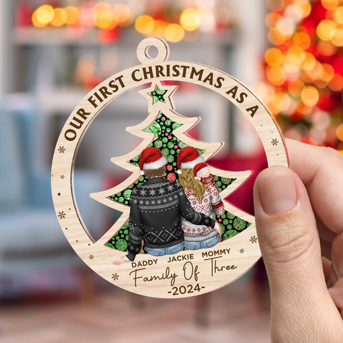 Custom Family First Christmas Ornament •  First Christmas As A Family Of Three New Parents - Personalized Suncatcher Ornament