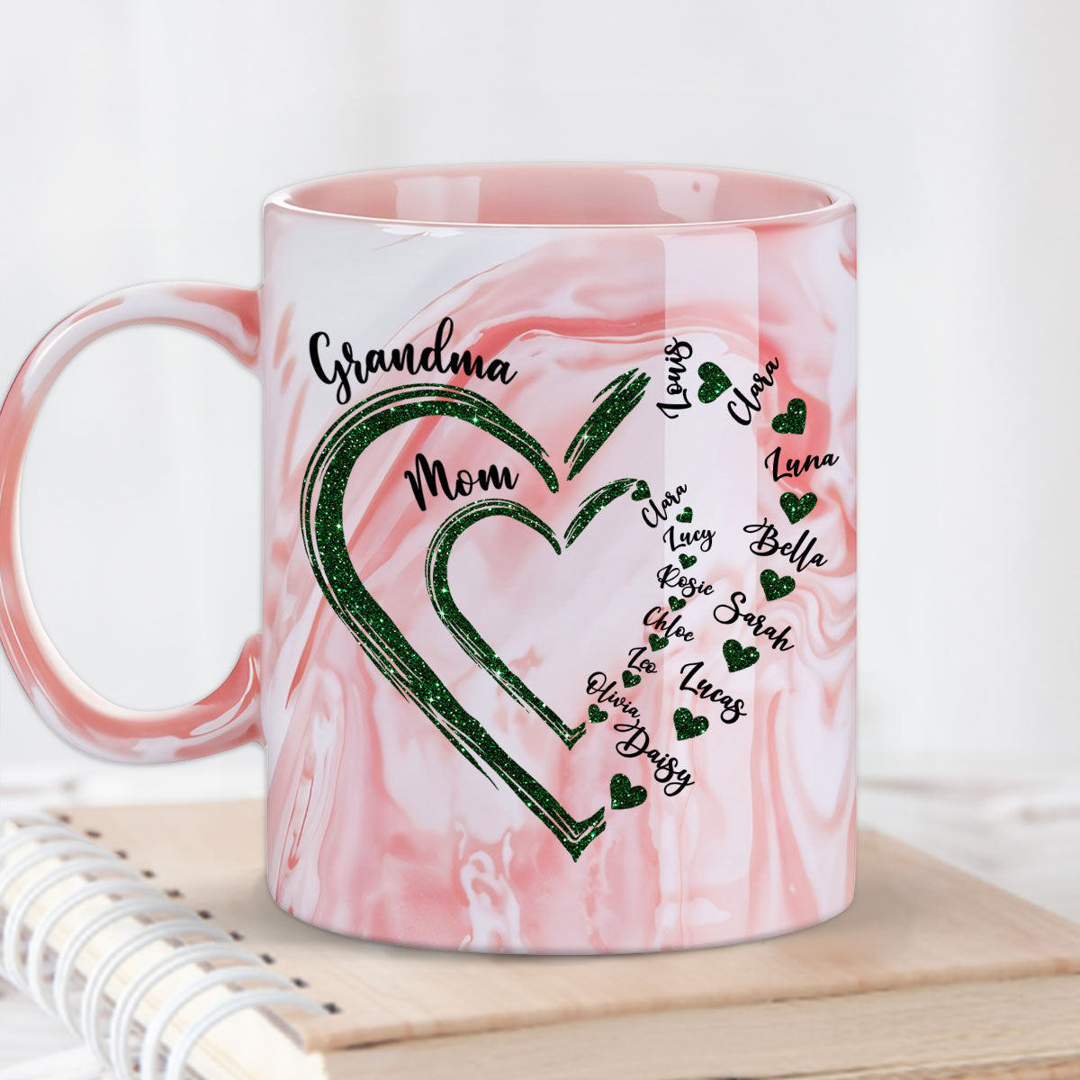 Custom Christmas & Birthday Gift For Grandma • Mom Grandma Sweethearts - Personalized Pink Marble Mug