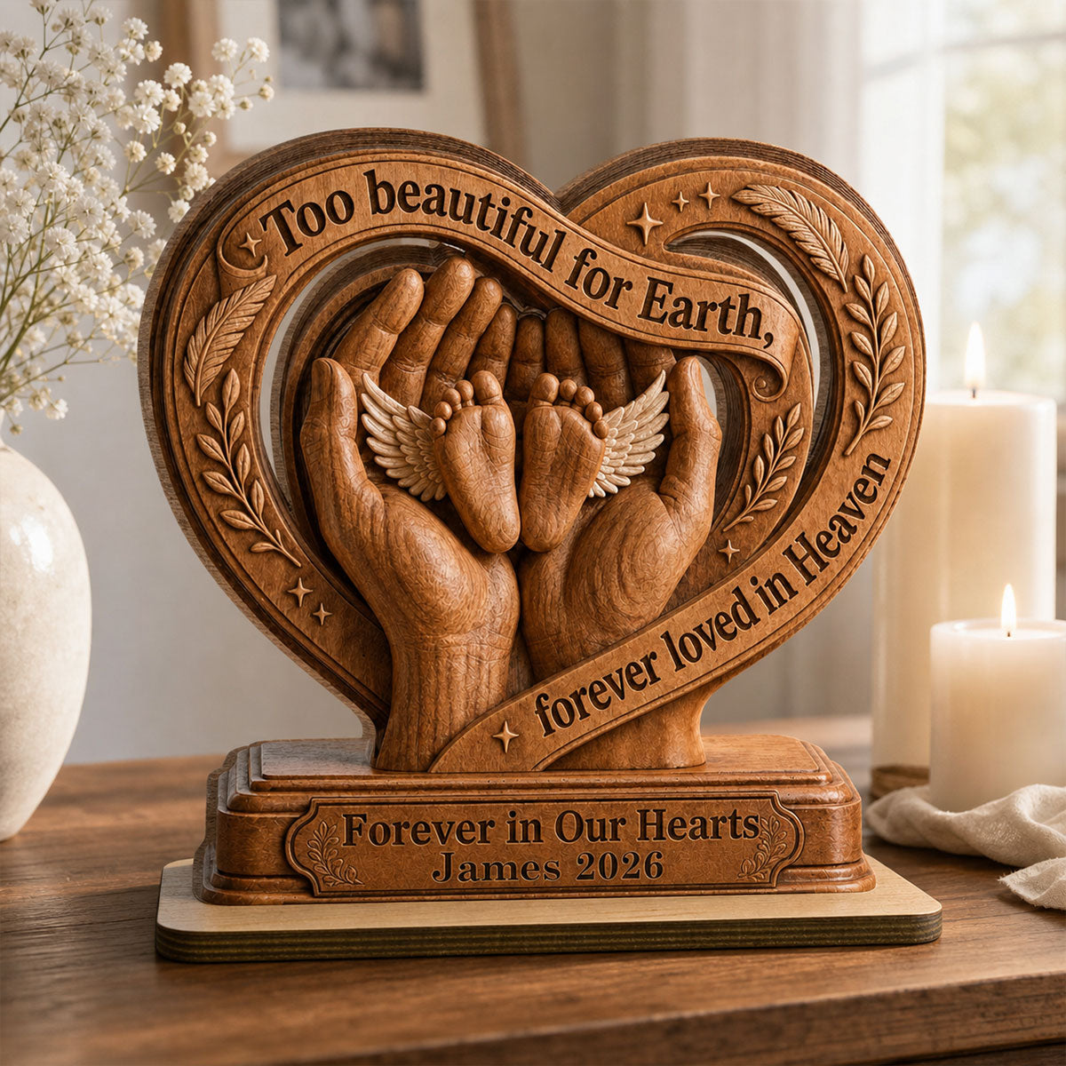 Custom Memorial Keepsake, Sympathy & Remembrance Gift • An Angel Forever In Heaven - Personalized 2-Layer Wood Plaque With Flat Base