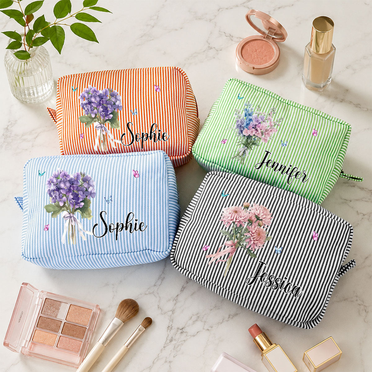 Custom Name & Birth Flower For Her, Wife, Daughter, Sister, Friends • Birth Month Flower - Personalized Seersucker Print Makeup Bag