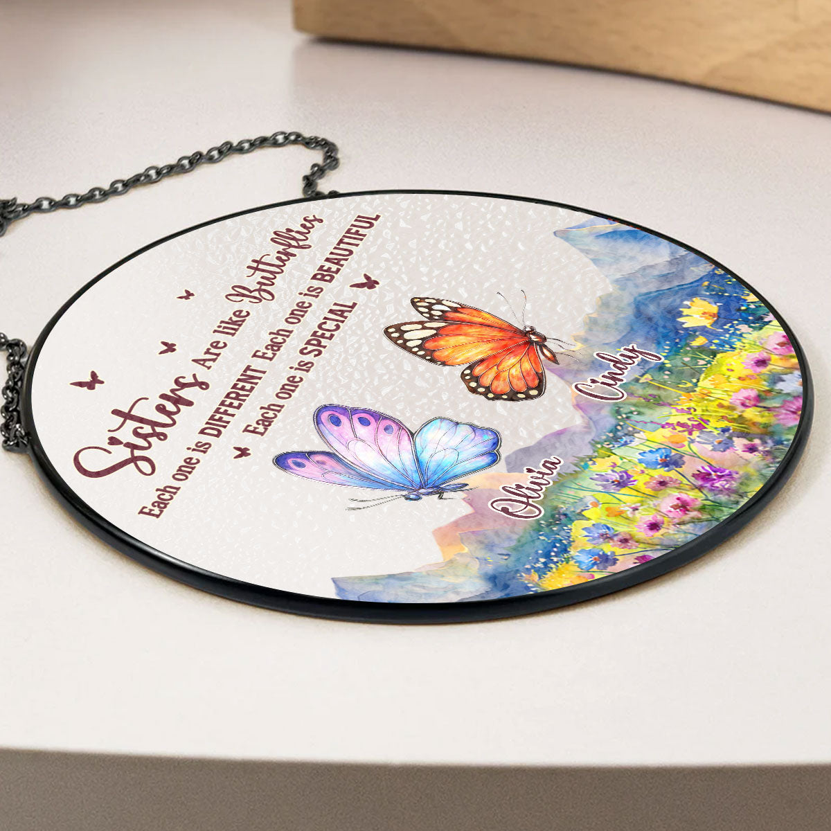 Custom Name Family Name Hanging Decor, Christmas Birthday Gift • Sisters Are Like Butterflies - Personalized Window Hanging Suncatcher