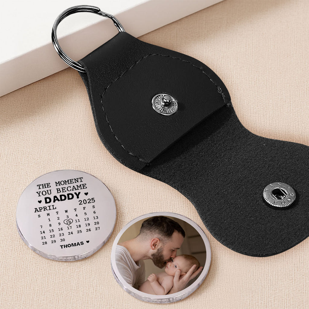 Custom Photo Coin Keychain for Husband, Couple Anniversary Valentine's Day Gifts • The Moment You Became Dad - Personalized Pocket Hug