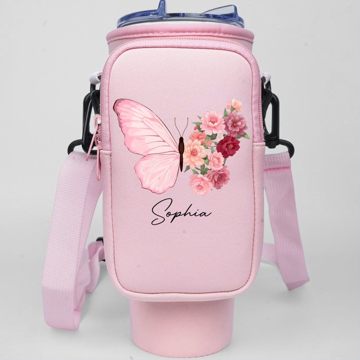 Butterfly Birthmonth Flower With Name - Personalized 40oz Water Bottle Carrier Bag