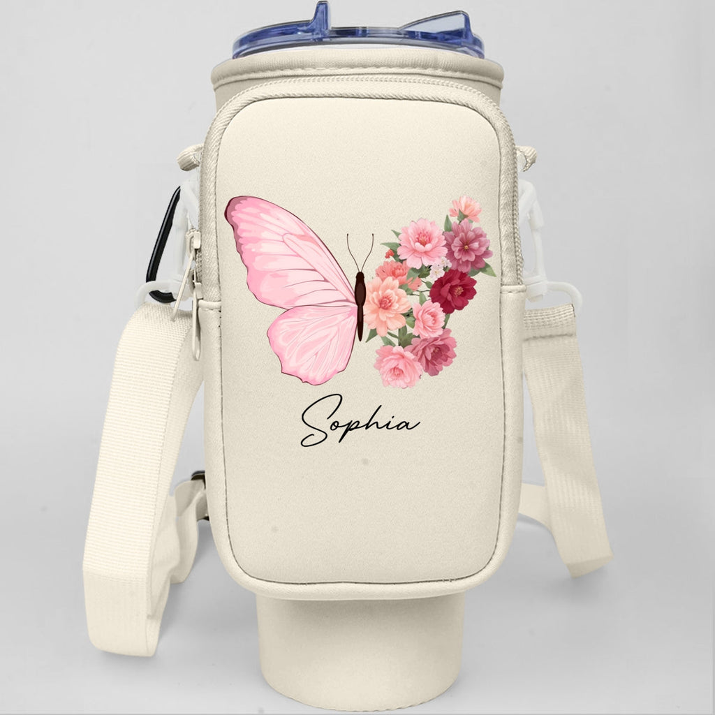 Butterfly Birthmonth Flower With Name - Personalized 40oz Water Bottle Carrier Bag