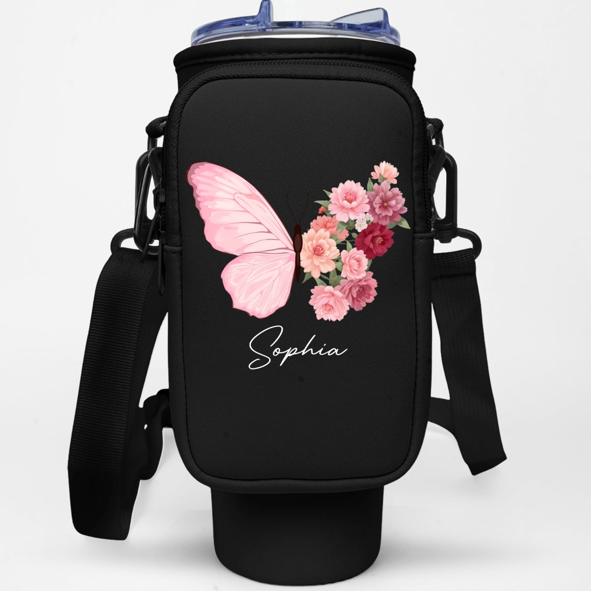 Butterfly Birthmonth Flower With Name - Personalized 40oz Water Bottle Carrier Bag