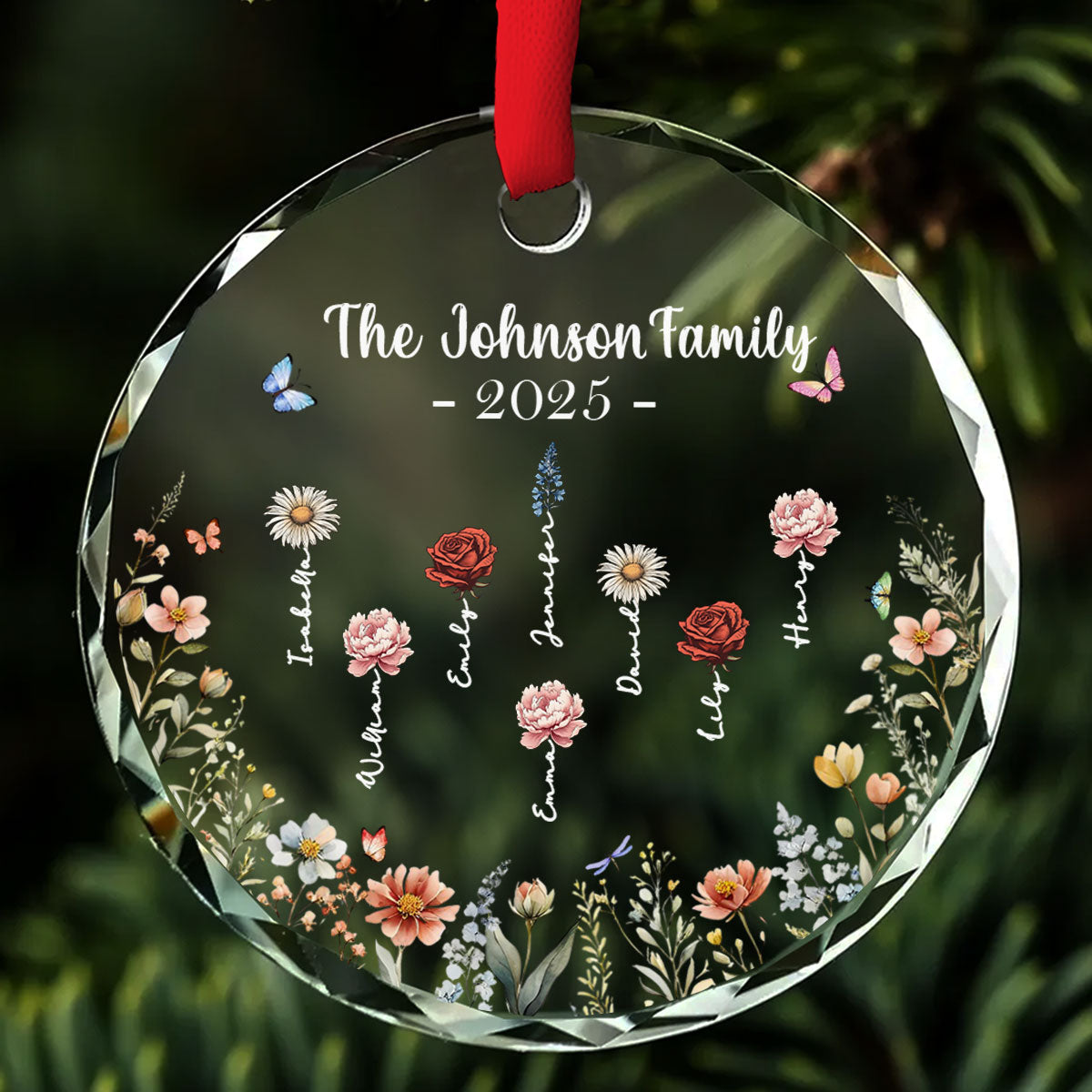 Custom Family Ornament, Christmas Gift for Family Members •  Feliz Navidad Flower - Personalized Glass Ornament