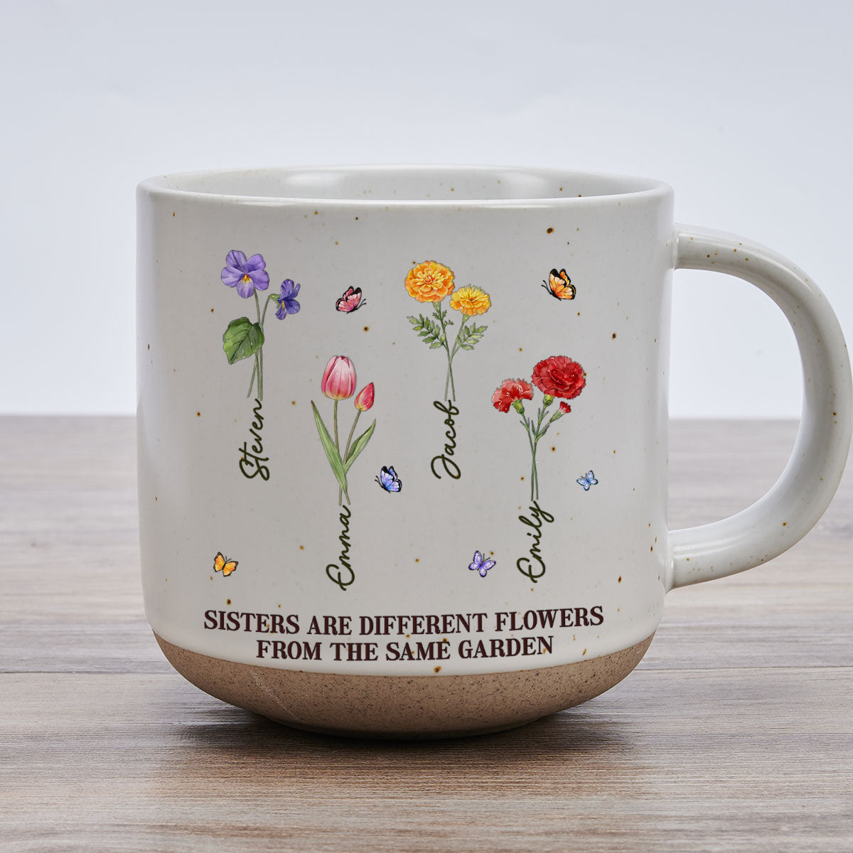 Custom Name & Birth Flower Birthday, Christmas Gift for Best Friend • Sisters Are Different Flowers From The Same Garden Ver 2 - Personalized Pottery Mug