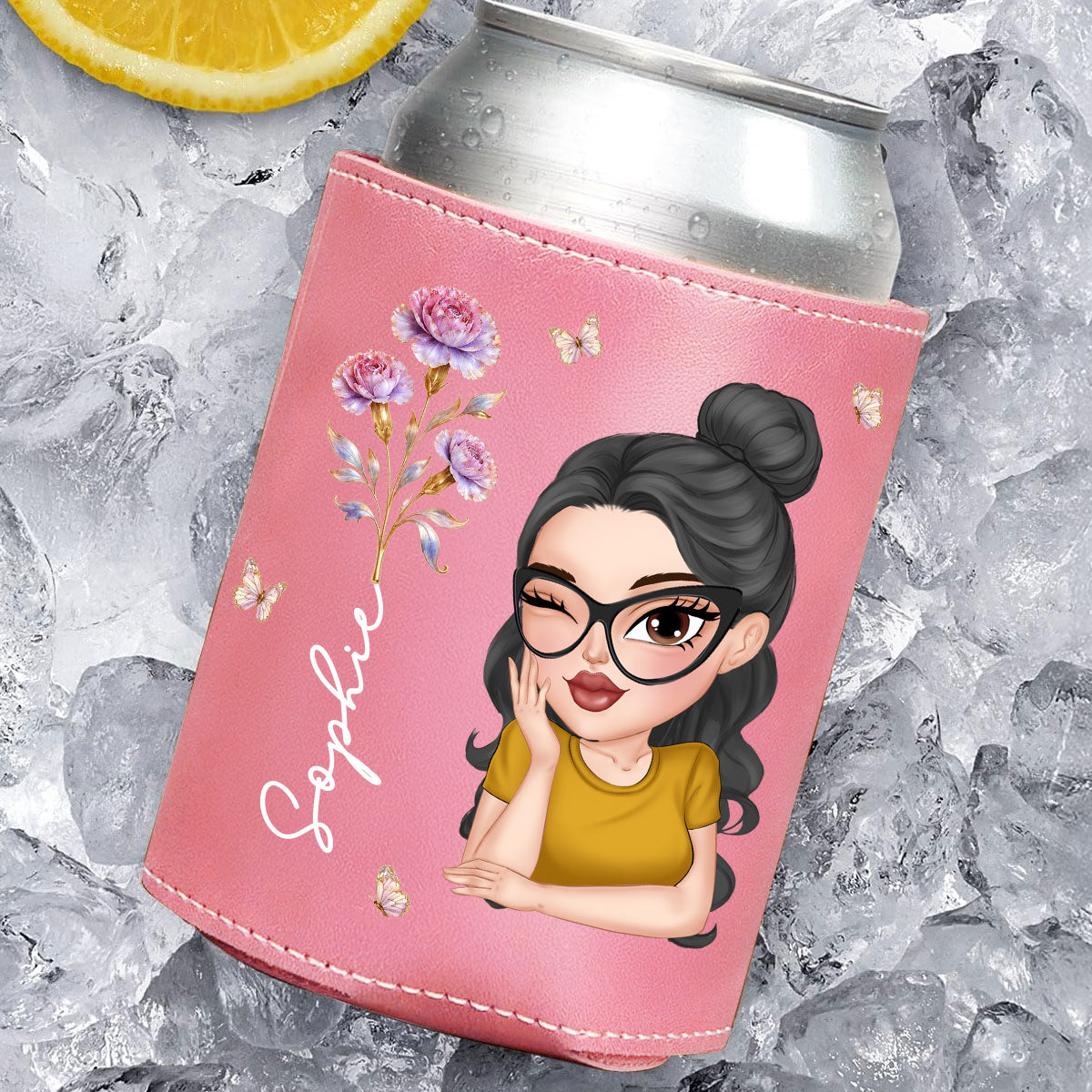 Floral Girl - Personalized Pink Leather Can Cooler Holder