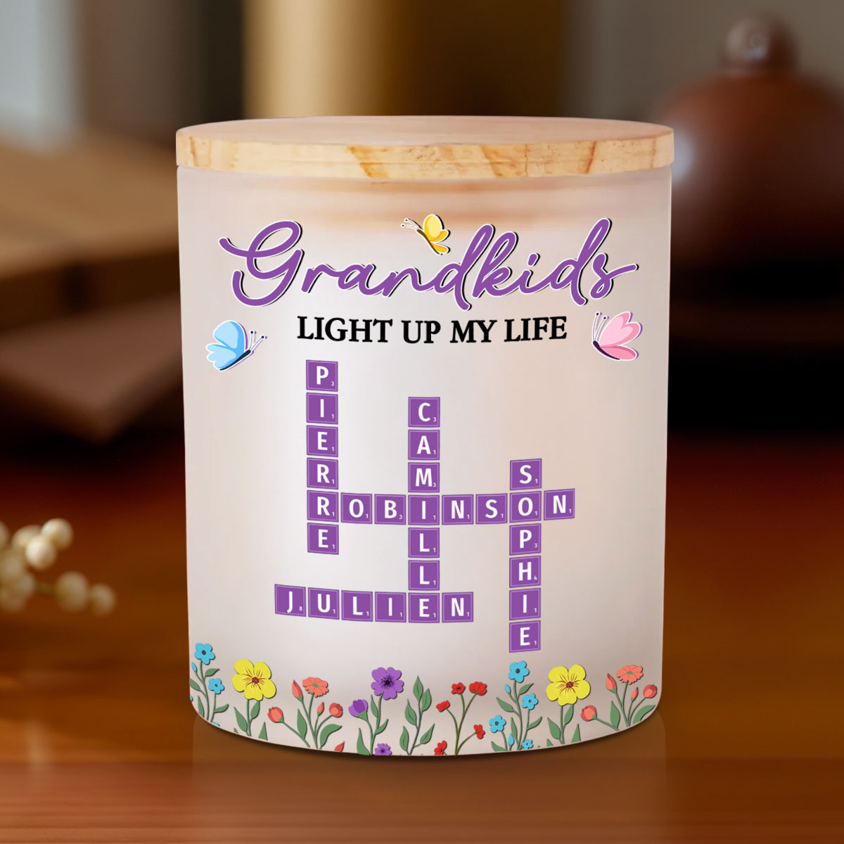 Love My Grandkids Crossword - Personalized Glass Jar With LED Candle