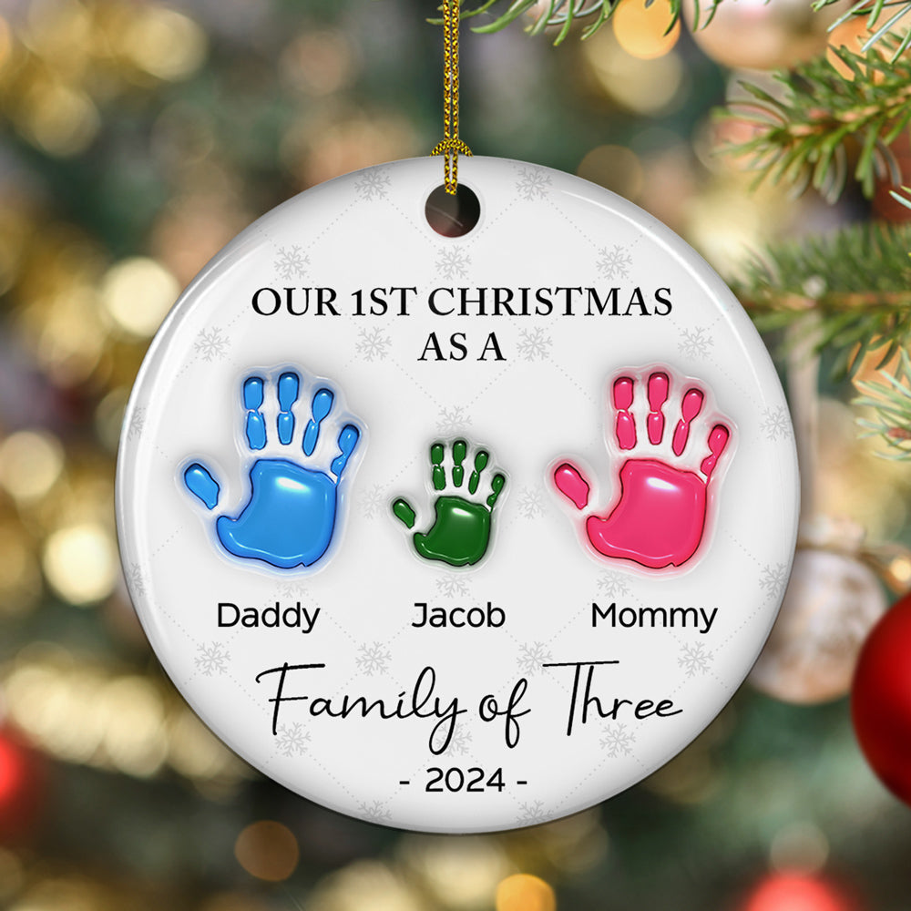 Custom Family First Christmas Ornament •  First Christmas As A Family Handprints - Personalized 3D Inflated Effect Ceramic Ornament