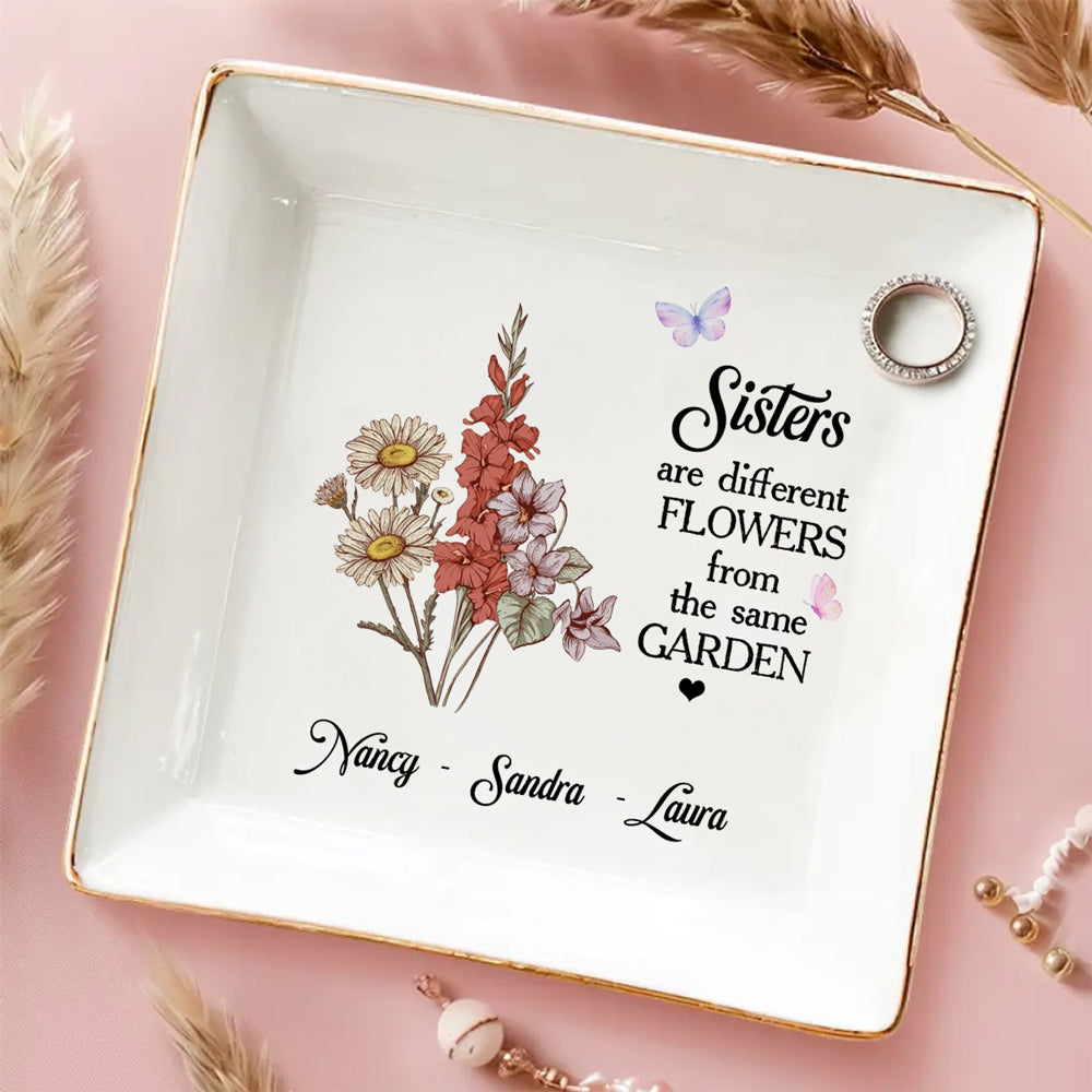 Custom Sister Trinket Dish, Birthday Christmas Gift for Sister • Floral Sisters Forever - Personalized Jewelry Dish