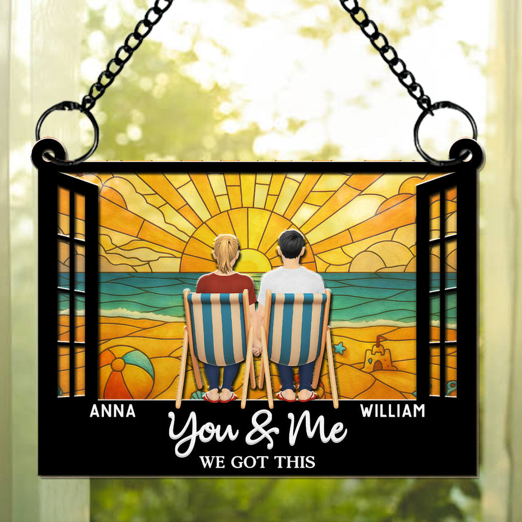 Custom Couple Hanging Decor, Anniversary Valentine's Day Gifts • You And Me And The Beach - Personalized Suncatcher