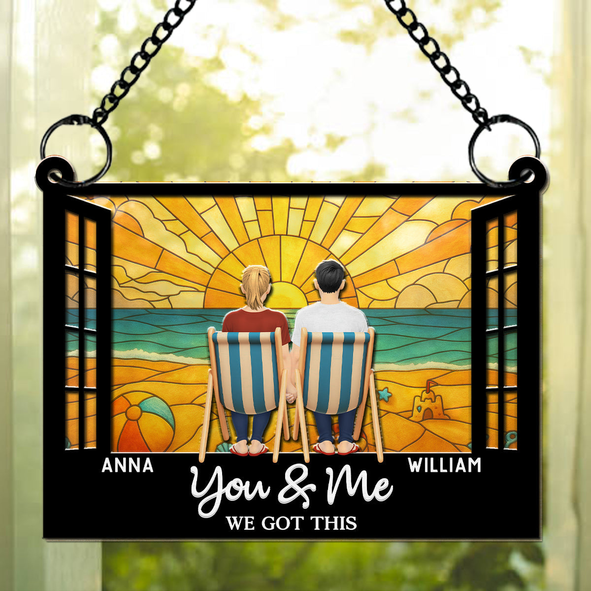 Custom Couple Hanging Decor, Anniversary Valentine's Day Gifts • You And Me And The Beach - Personalized Suncatcher
