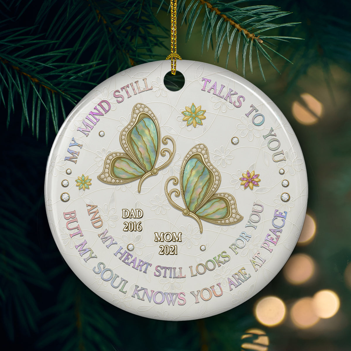 Custom Memorial Christmas Ornament, Sympathy Keepsake •  My Mind My Heart My Soul Mother Of Pearl - Personalized Ceramic Ornament