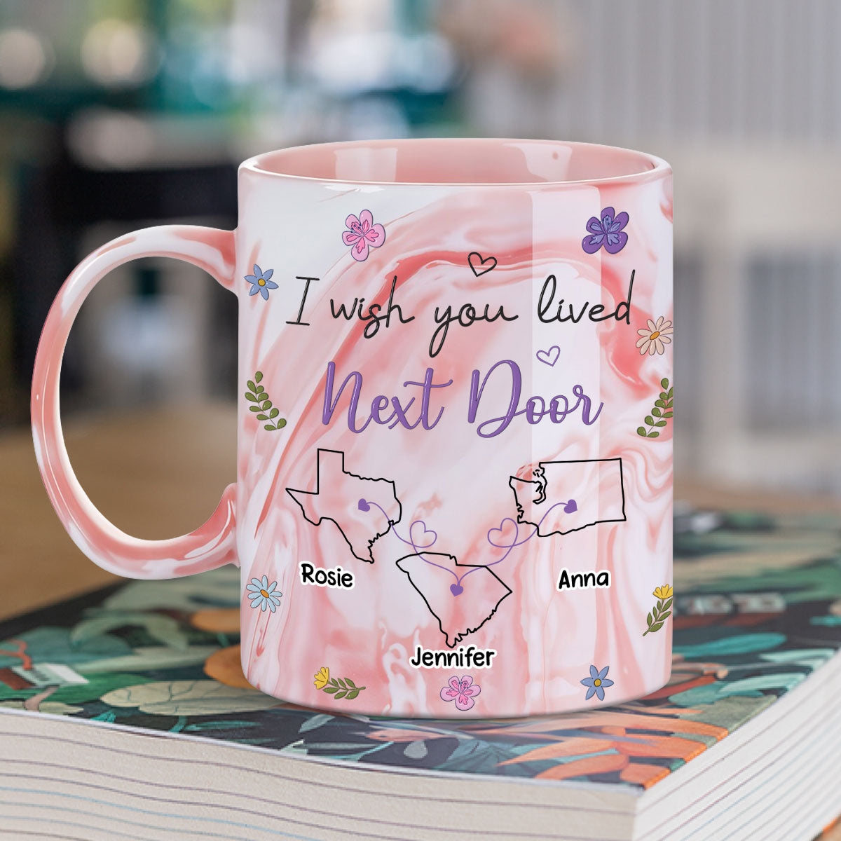 Custom Best Friend, Christmas & Birthday Friendship Keepsake Gift • I Wish We Lived Closer - Personalized Pink Marble Mug