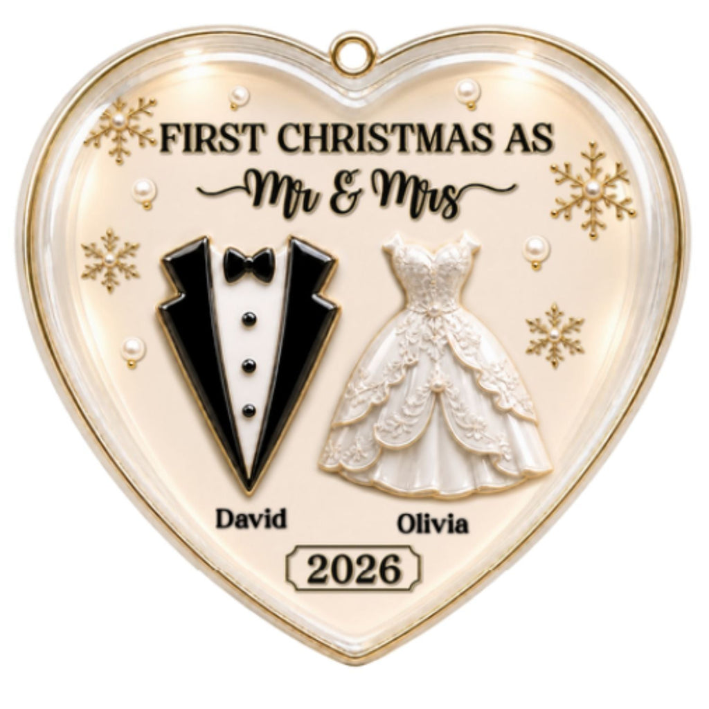 Custom First Christmas Ornament Married, Gift for Newlyweds •  First Year Together - Personalized 3D White Acrylic Ornament