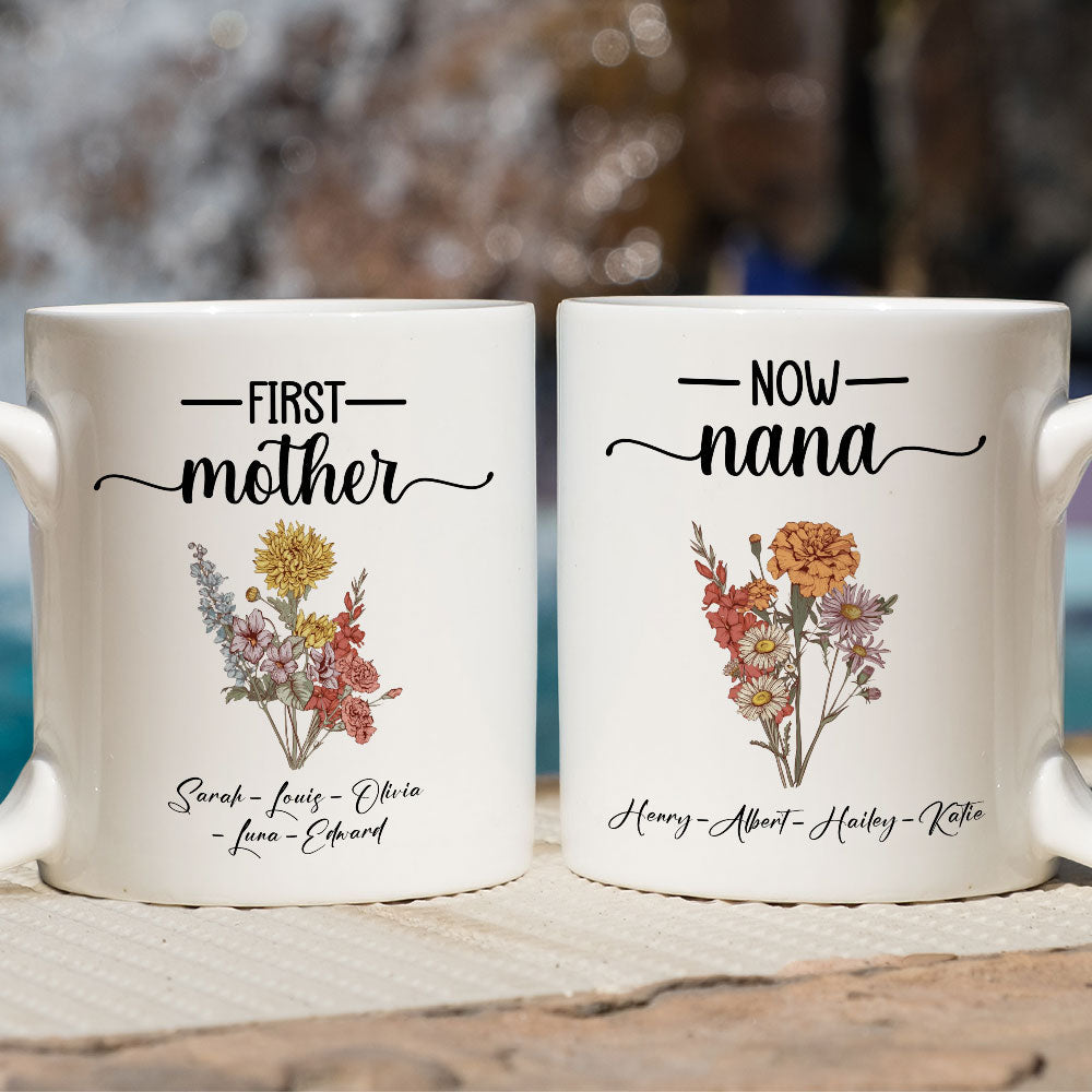 Custom Christmas & Birthday Gift For Grandma • First Mom Now Grandma Flower - Personalized Coffee Mug