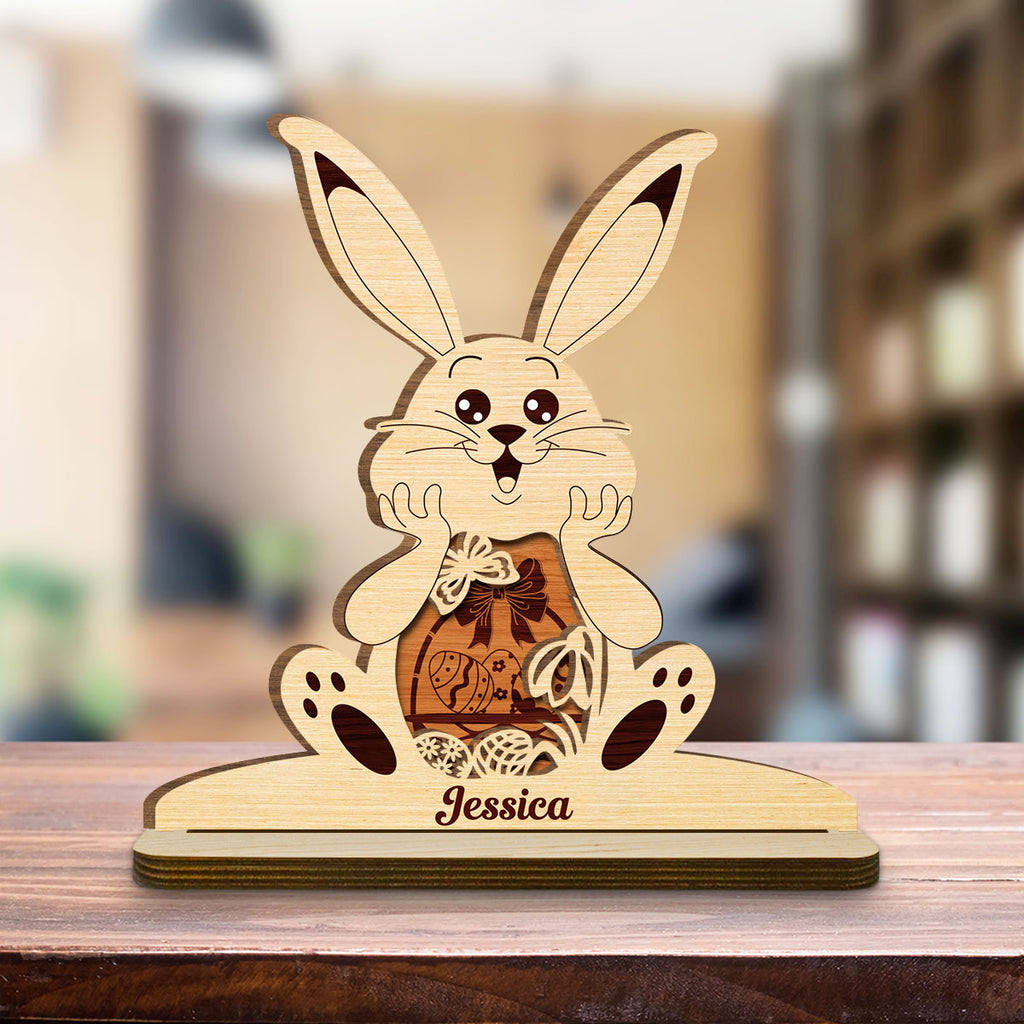 Custom Family Decor, Christmas Birthday Family Keepsake • Bunny Bliss Celebration - Personalized 2-Layer Wood Plaque With Flat Base