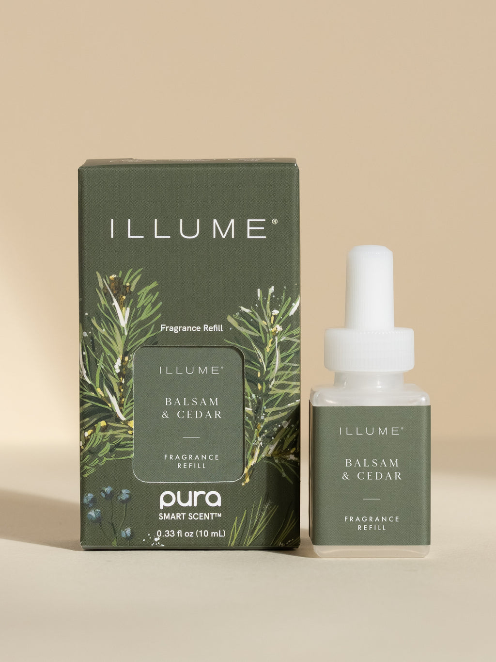 ILLUME Balsam and Cedar fragrance vial and packaging on a neutral background