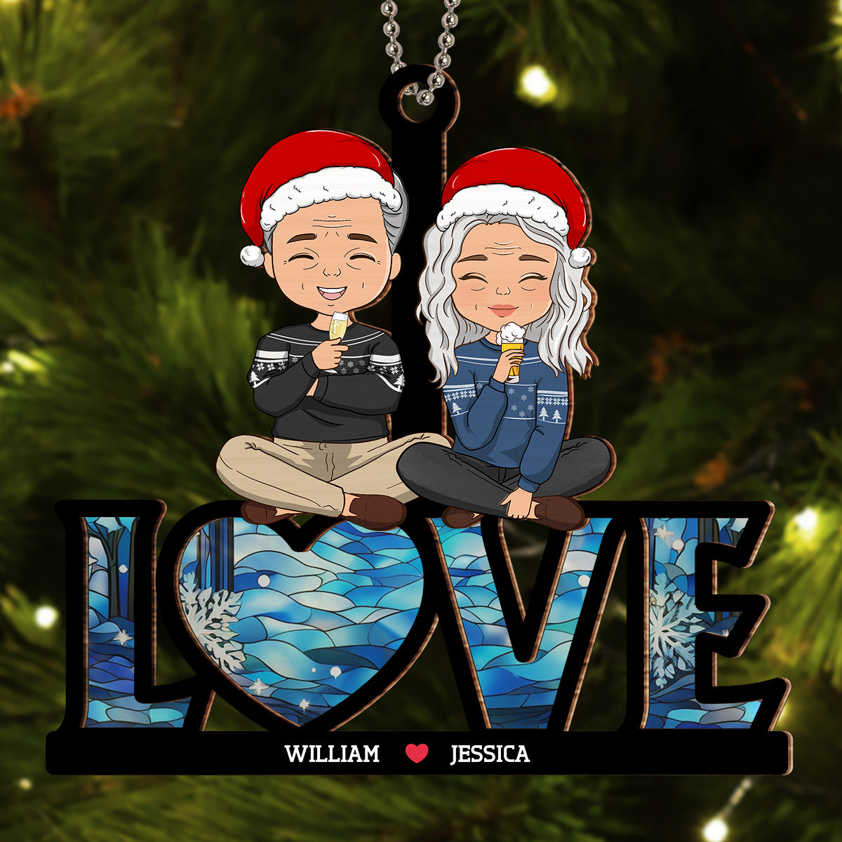 Custom Couple Christmas Ornament, Anniversary Gift •  Couple Sitting Together - Personalized Suncatcher Ornament