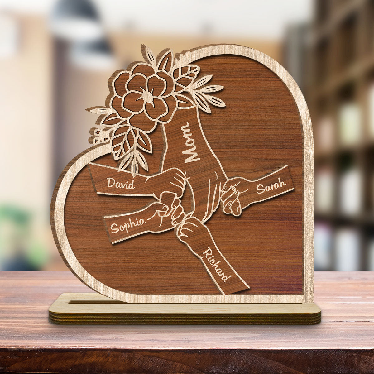 Custom Decor for Mom, Special Gift for Mother • Mom Hold Our Hand And Our Heart - Personalized 2-Layer Wood Plaque With Flat Base