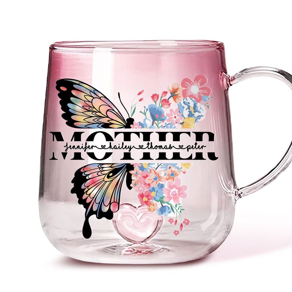 Custom Mother's Day Gift for Mom & Grandma • Lovely Butterfly - Personalized Pink Gradient Glass Mug