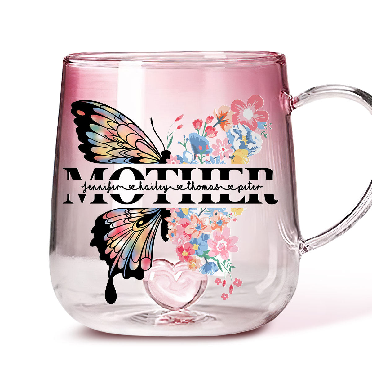 Custom Mother's Day Gift for Mom & Grandma • Lovely Butterfly - Personalized Pink Gradient Glass Mug