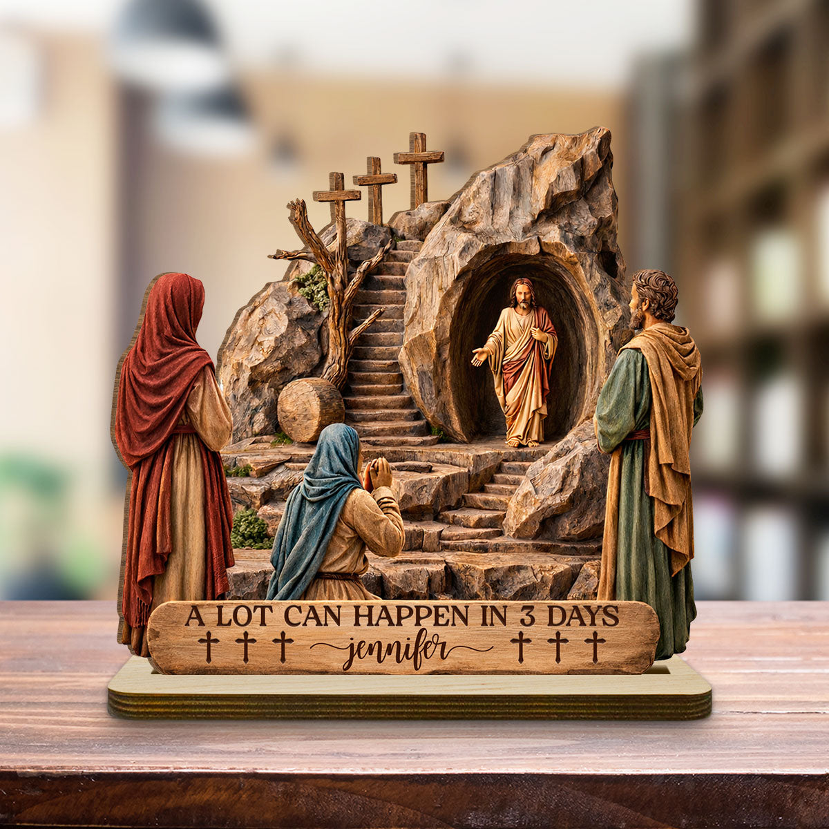 Custom Decor, Christmas Birthday Anniversary Gift Keepsake • Risen Savior - Personalized 2-Layer Wood Plaque With Flat Base