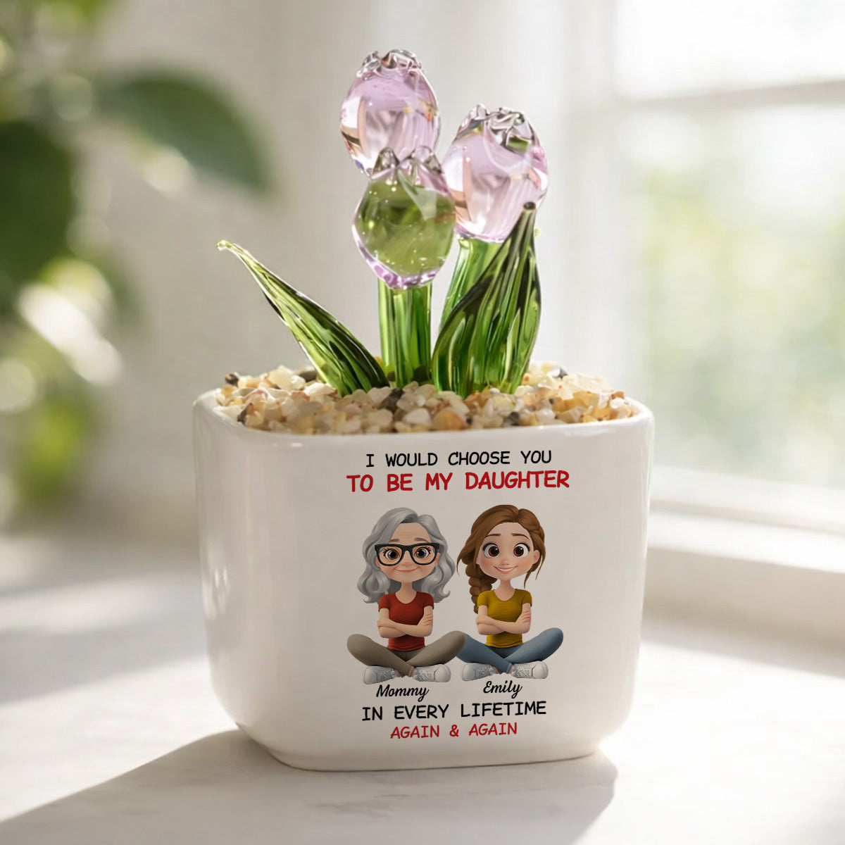 Custom Flower Keepsake, Glass Home Decor Gift for Daughter • Always Choose You Mom And Daughter - Personalized Glass Everlasting Tulips