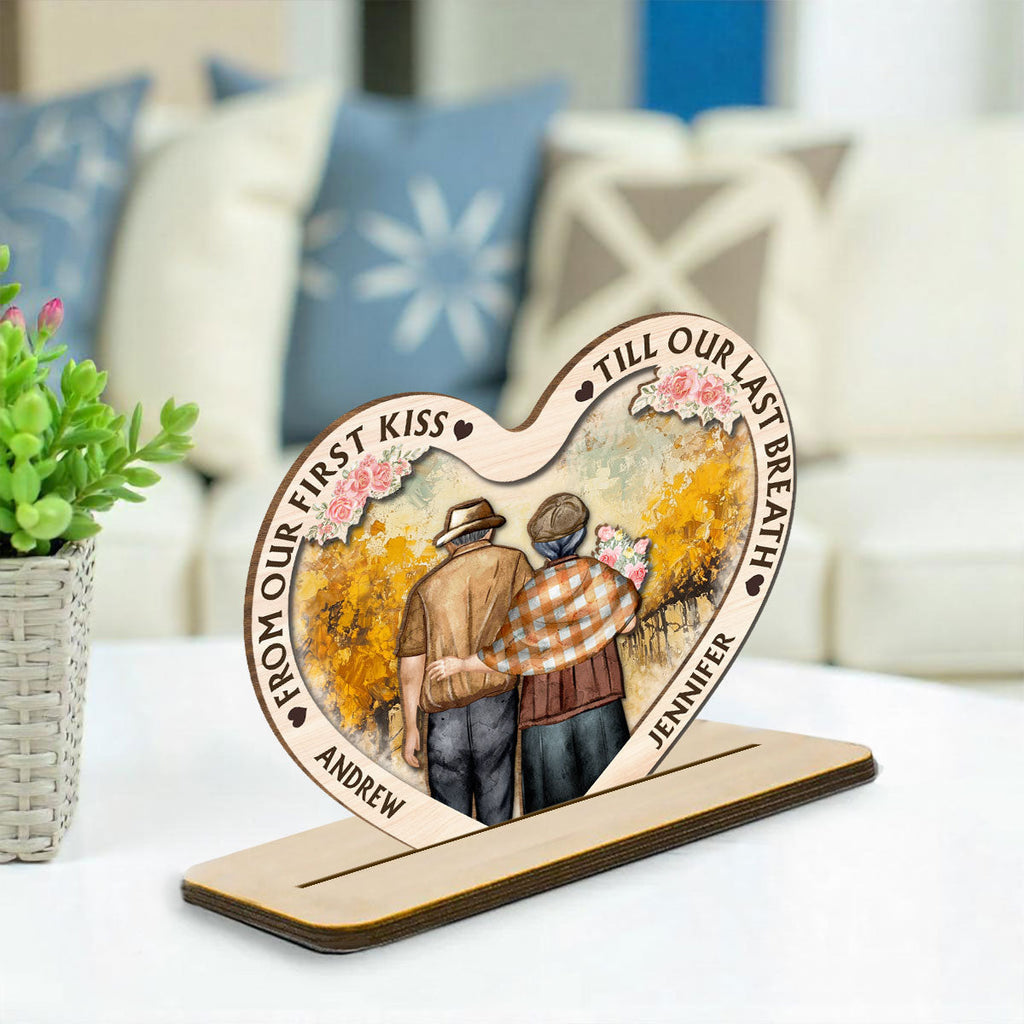 Custom Decor for Wife, Gift for Her • Our First Kiss - Personalized 2-Layer Wood Plaque With Flat Base