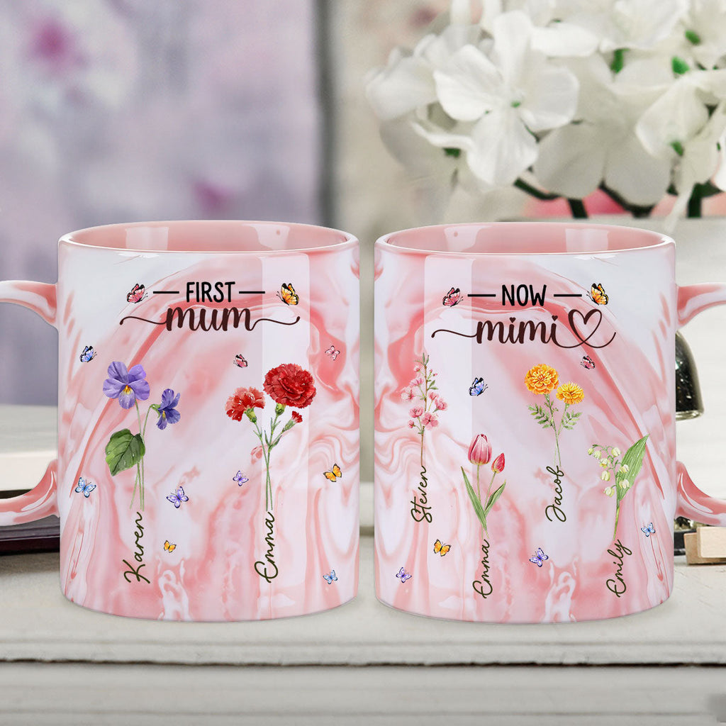 Custom Christmas & Birthday Gift For Grandma • First Mom Now Grandma - Personalized Pink Marble Mug
