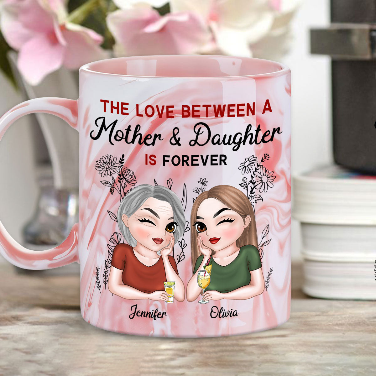 Custom Mother's Day Gift for Mom & Grandma • Mother And Daughter Always Together - Personalized Pink Marble Mug