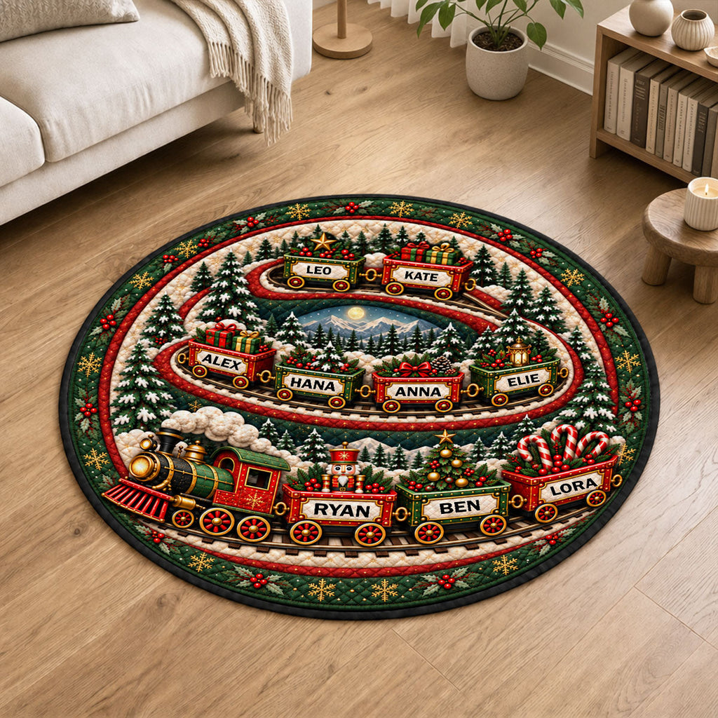 Custom Grandkid Name Christmas Rug, Holiday Decor Gift for Grandma • Magical Holiday Train - Personalized Quilted Mat