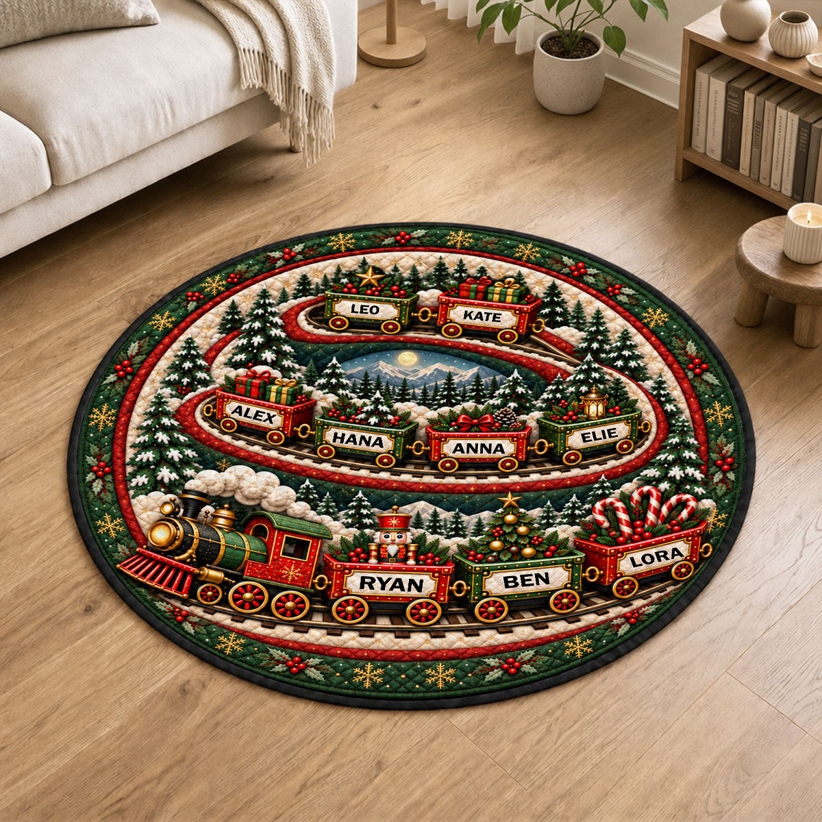 Custom Grandkid Name Christmas Rug, Holiday Decor Gift for Grandma • Magical Holiday Train - Personalized Quilted Mat