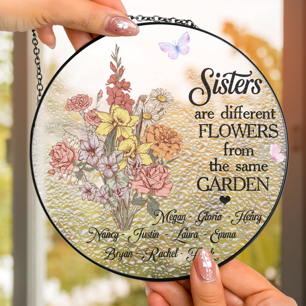 Custom Family Name Hanging Decor, Christmas Birthday Gift •  Floral Sisters Forever - Personalized Window Hanging Suncatcher