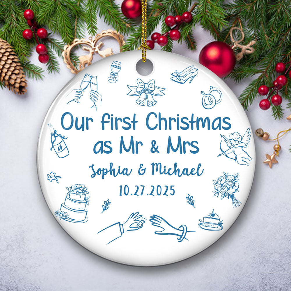 Custom First Christmas Ornament Married, Gift for Newlyweds •  Something Blue - Personalized Ceramic Ornament