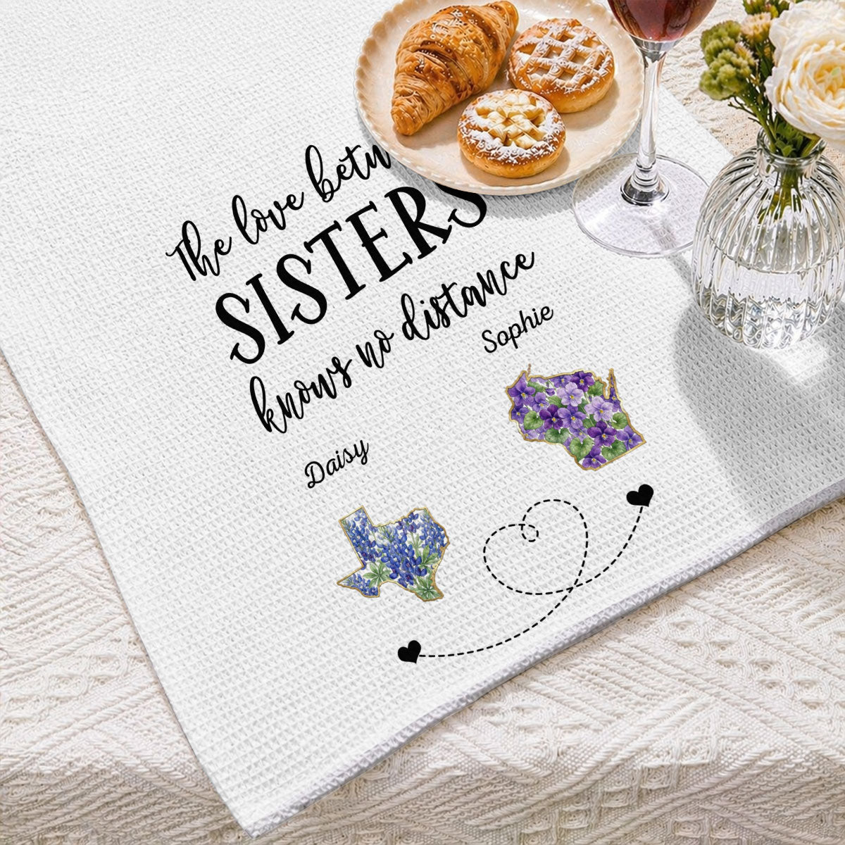 Custom Sister Kitchen Towel With Names, Birthday Christmas Gift For Sister Sibling • Home Is Wherever Sisters Are - Personalized Kitchen Towel
