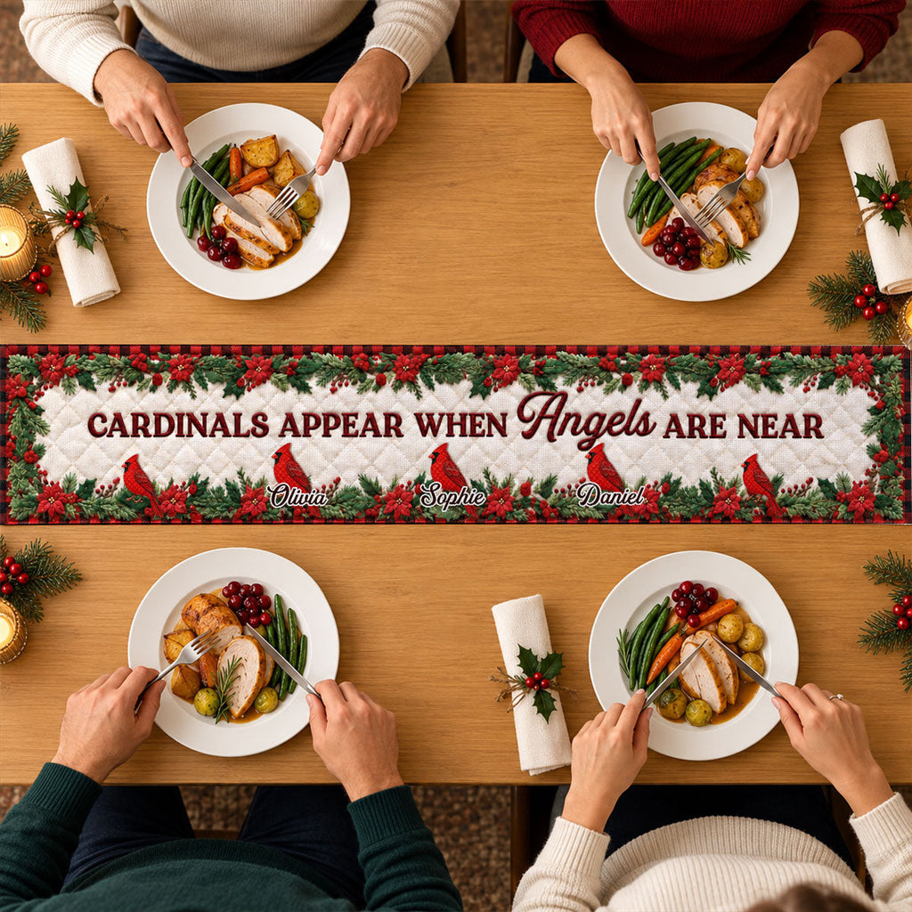 Custom Family Name Christmas Gifts, Holiday Decor Gift • Cardinals Appear When Angels Are Near - Personalized Table Runner