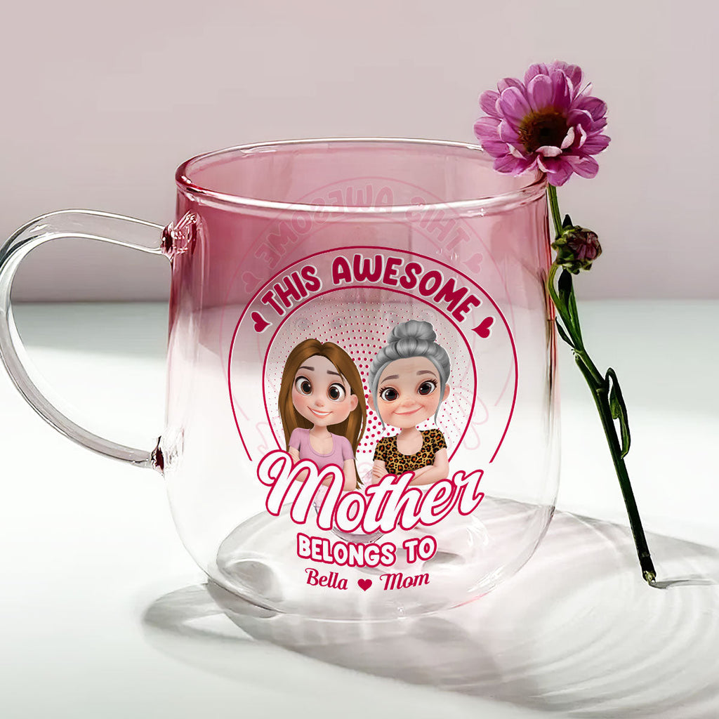 Custom Mother's Day Gift for Mom & Grandma • Awesome Mom Belongs To - Personalized Pink Gradient Glass Mug