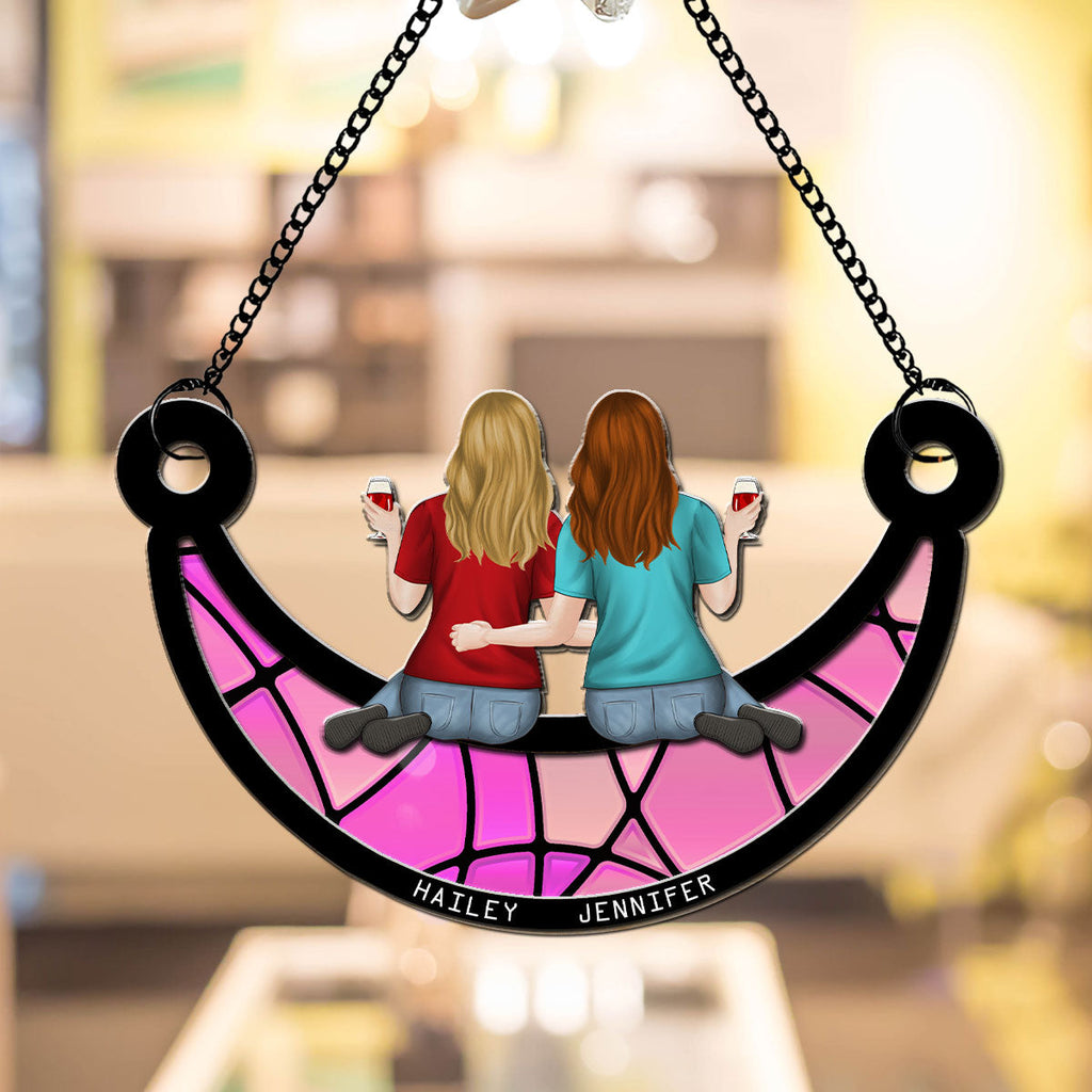 Custom Hanging Decor, Birthday Housewarming Gift • Besties Sitting On The Moon - Personalized Suncatcher