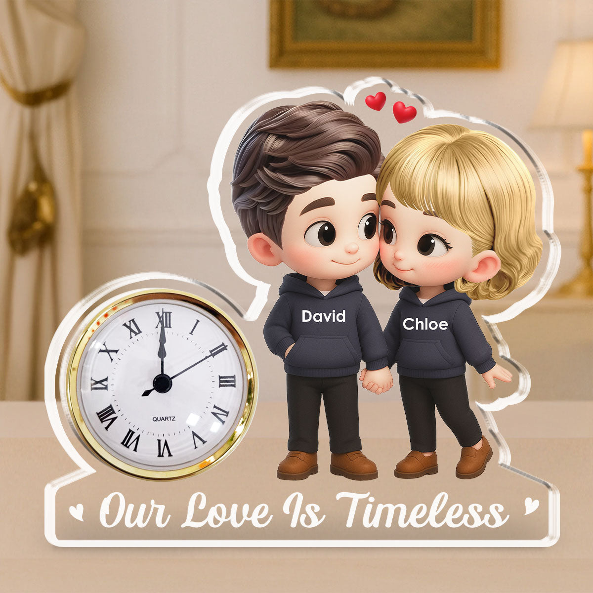 Custom Couple's Decor, Anniversary & Wedding Gift • Cartoon Couple Holding Hands - Personalized Acrylic Desk Clock Plaque