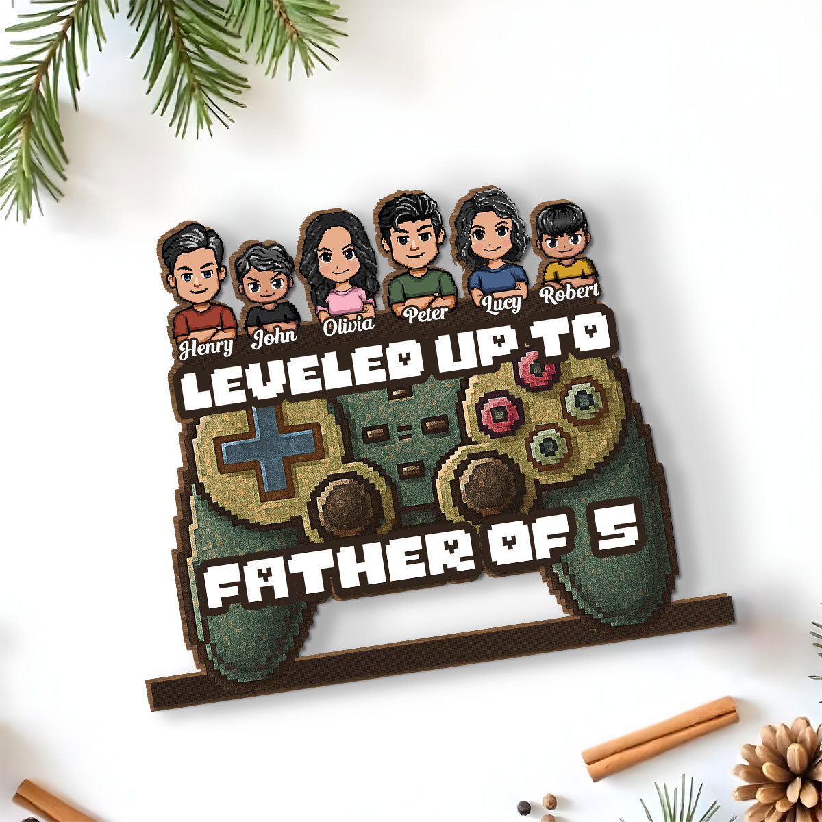 Custom Decor for Husband, Gift for Him • Leveled Up To Dad - Personalized 2-Layer Wood Plaque With Flat Base