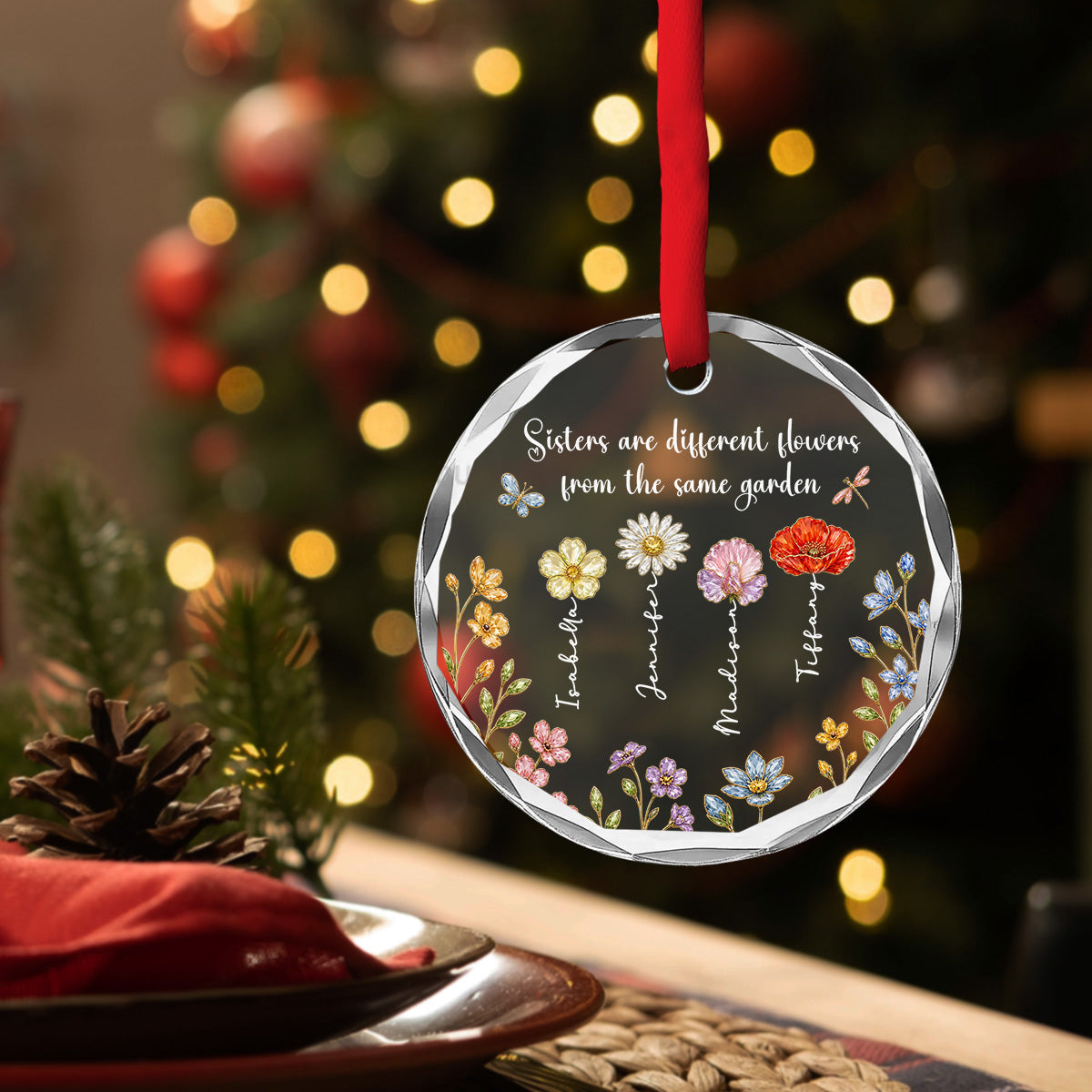 Custom Sister Christmas Ornament •  Love Flourishes In Our Garden - Personalized Glass Ornament