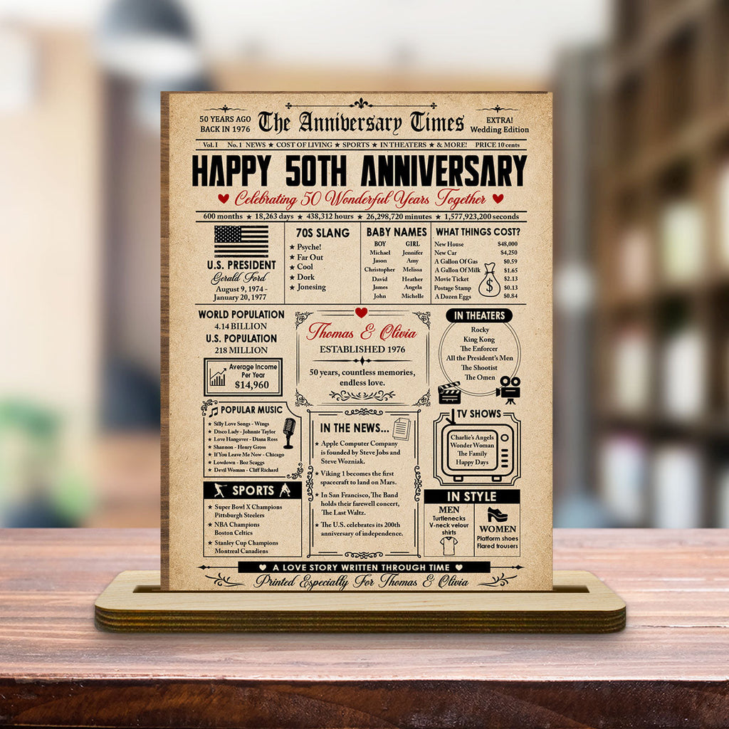Custom Couple's Decor, Anniversary & Wedding Gift • The Anniversary Times - Personalized 2-Layer Wood Plaque With Flat Base